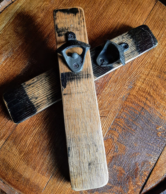 Wall mount barrel stave bottle opener