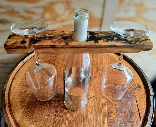 Barrel stave wine glass holder with glasses