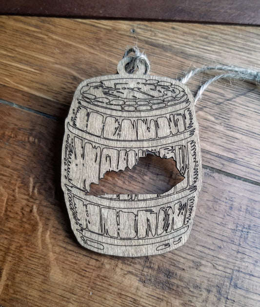 Bourbon barrel ornament with Kentucky cut out